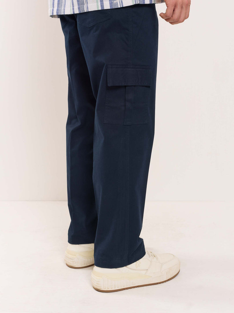Dark Blue Loose Fit Twill Cargo Trousers