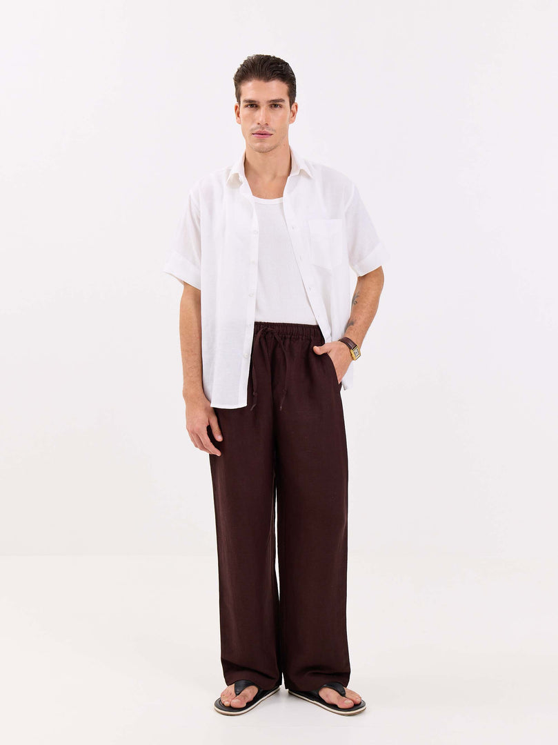 Coffee Brown Linen Pull-on Pants
