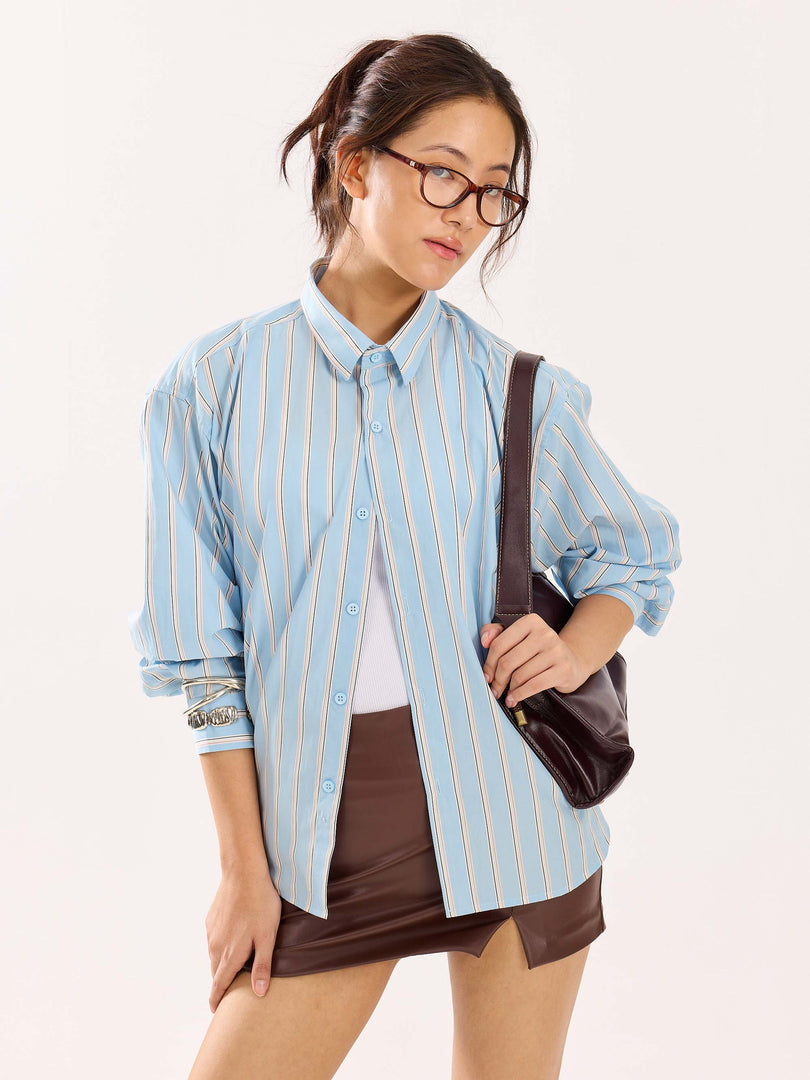 Baby Blue Striped Poplin Cropped Shirt