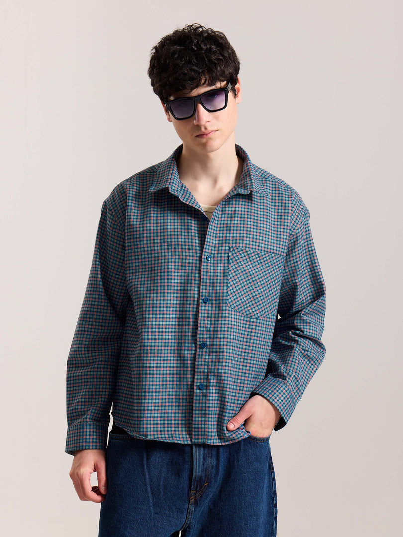 Teal Blue & Red Checkered Oversized Cropped Shirt