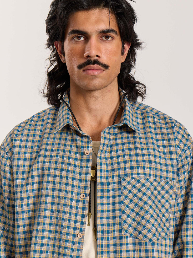 Blue & Yellow Checkered Oversized Cropped Shirt