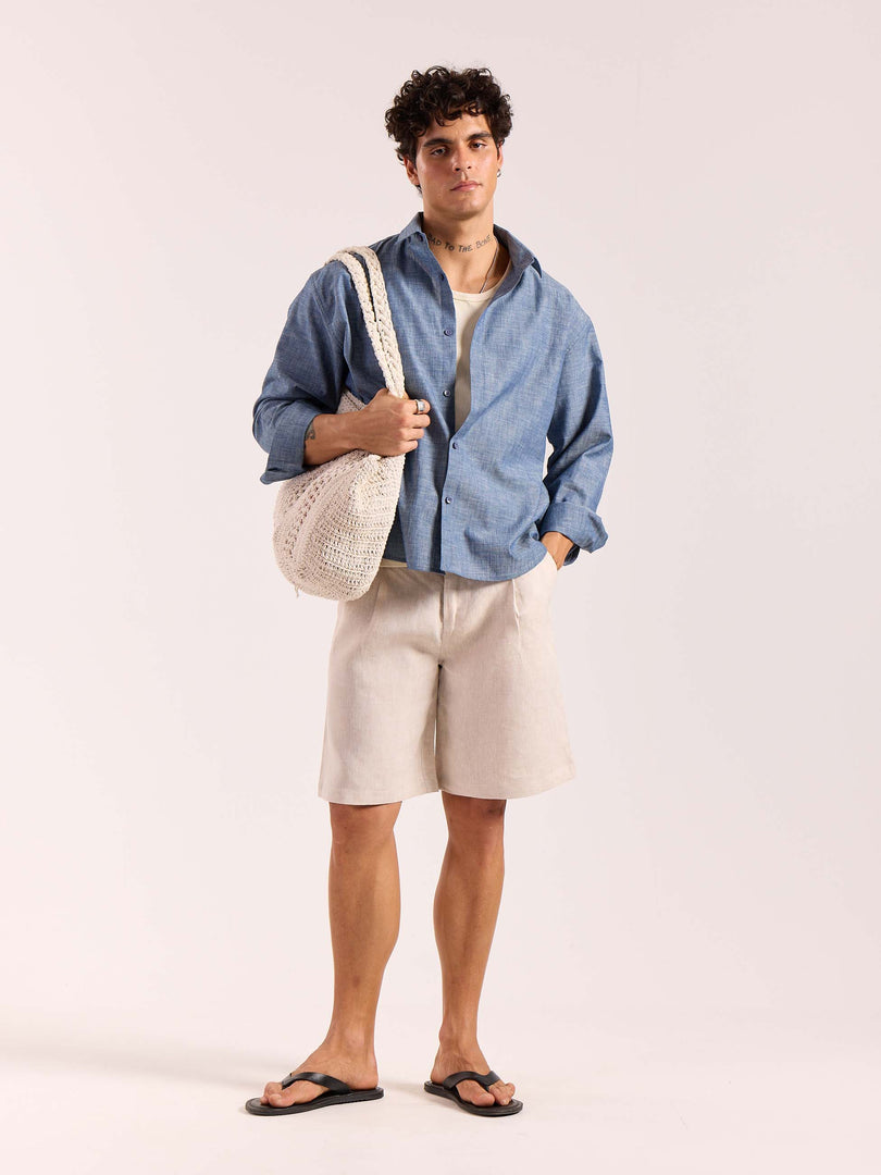 Chambray Blue Linen Cropped Shirt