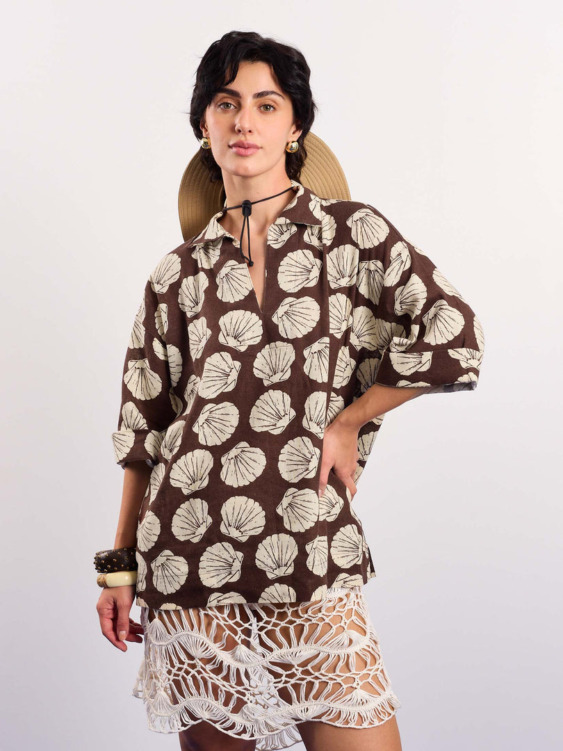 Brown & Cream Shells Printed Pullover