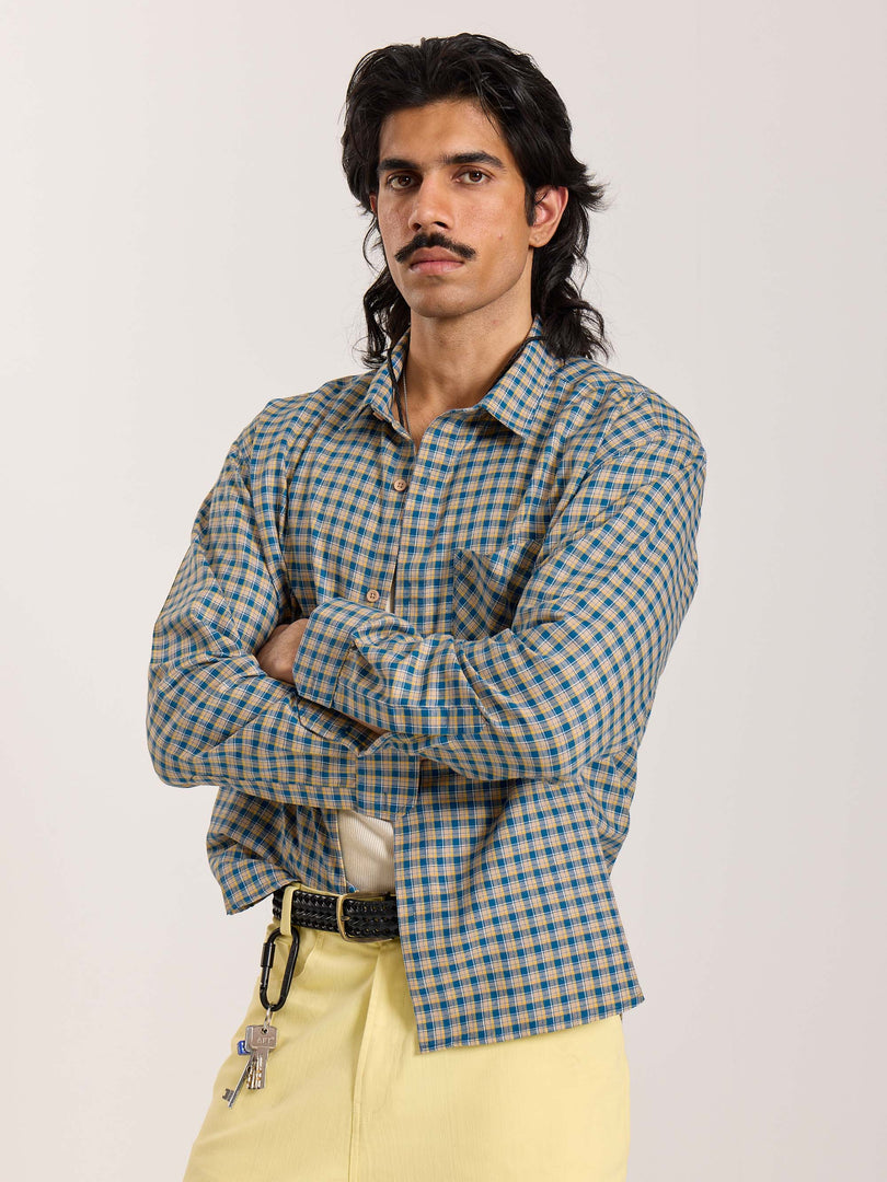 Blue & Yellow Checkered Oversized Cropped Shirt