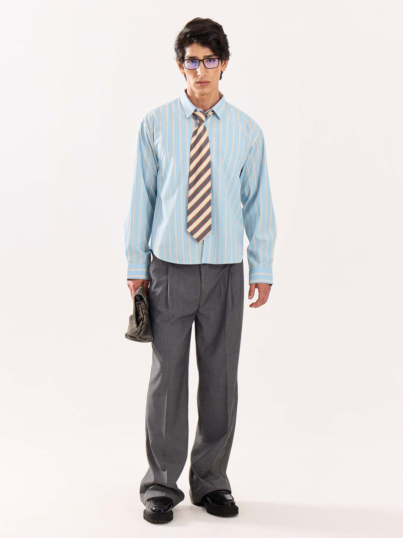 Baby Blue Striped Poplin Cropped Shirt