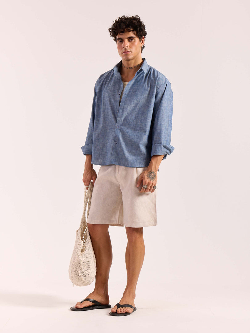 Chambray Blue Linen Cropped Shirt