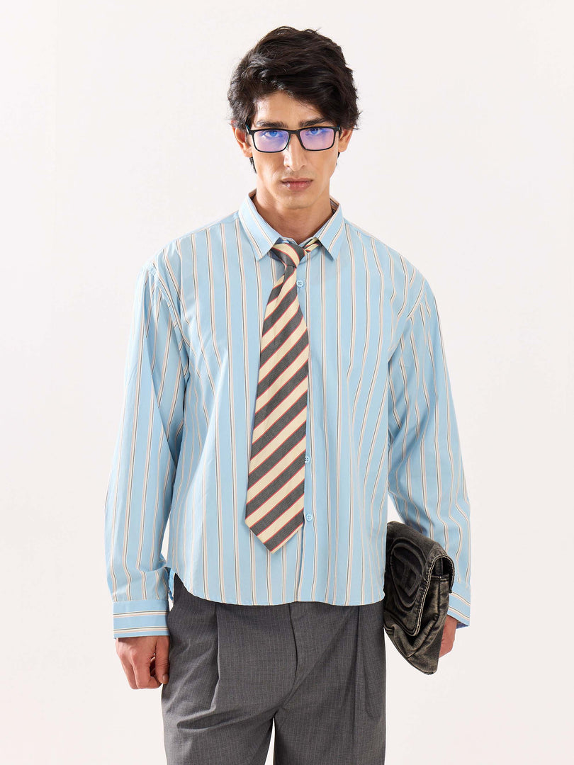 Baby Blue Striped Poplin Cropped Shirt