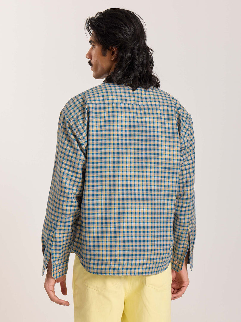 Blue & Yellow Checkered Oversized Cropped Shirt
