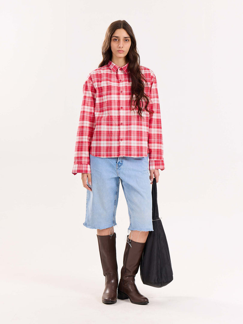Red Checkered Poplin Cropped Shirt ( Pre-Order )