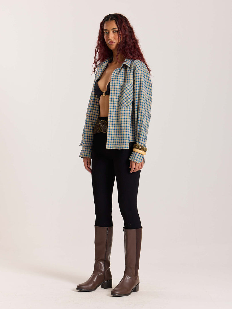 Blue & Yellow Checkered Oversized Cropped Shirt