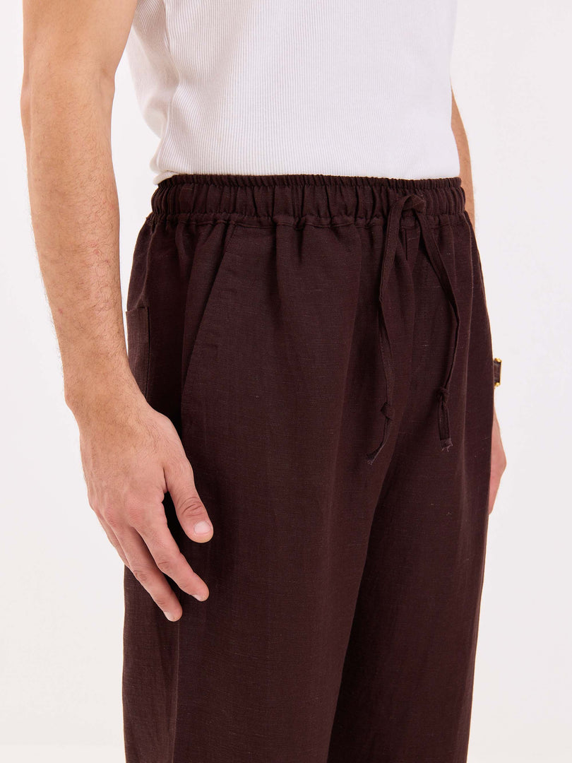 Coffee Brown Linen Pull-on Pants