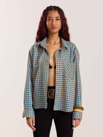 Load image into Gallery viewer, Blue &amp; Yellow Checkered Oversized Cropped Shirt