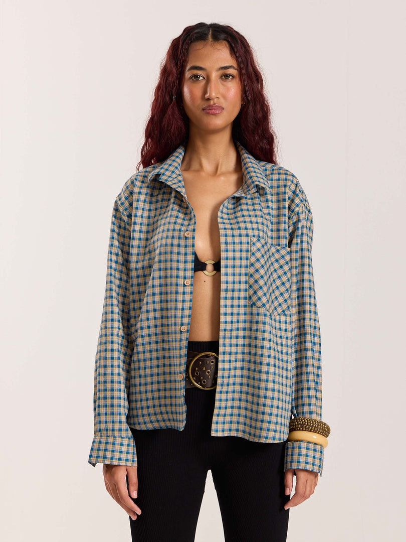 Blue & Yellow Checkered Oversized Cropped Shirt