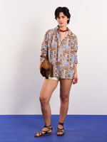 Load image into Gallery viewer, Brown &amp; Blue Geometrical Linen Pullover

