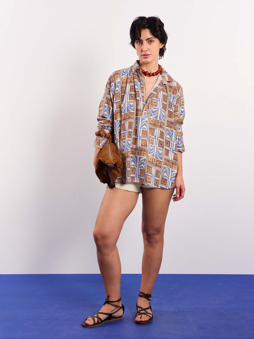 Brown & Blue Geometrical Linen Pullover