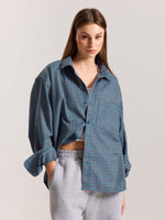 Load image into Gallery viewer, Teal Blue &amp; Red Checkered Oversized Cropped Shirt