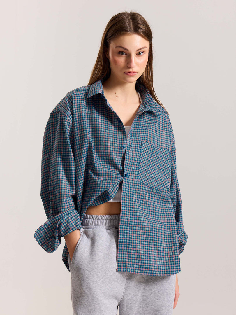 Teal Blue & Red Checkered Oversized Cropped Shirt