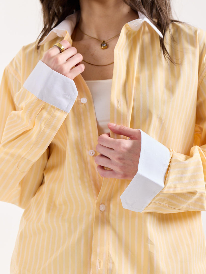 Light Yellow Striped Contrast Collar Oversized Shirt