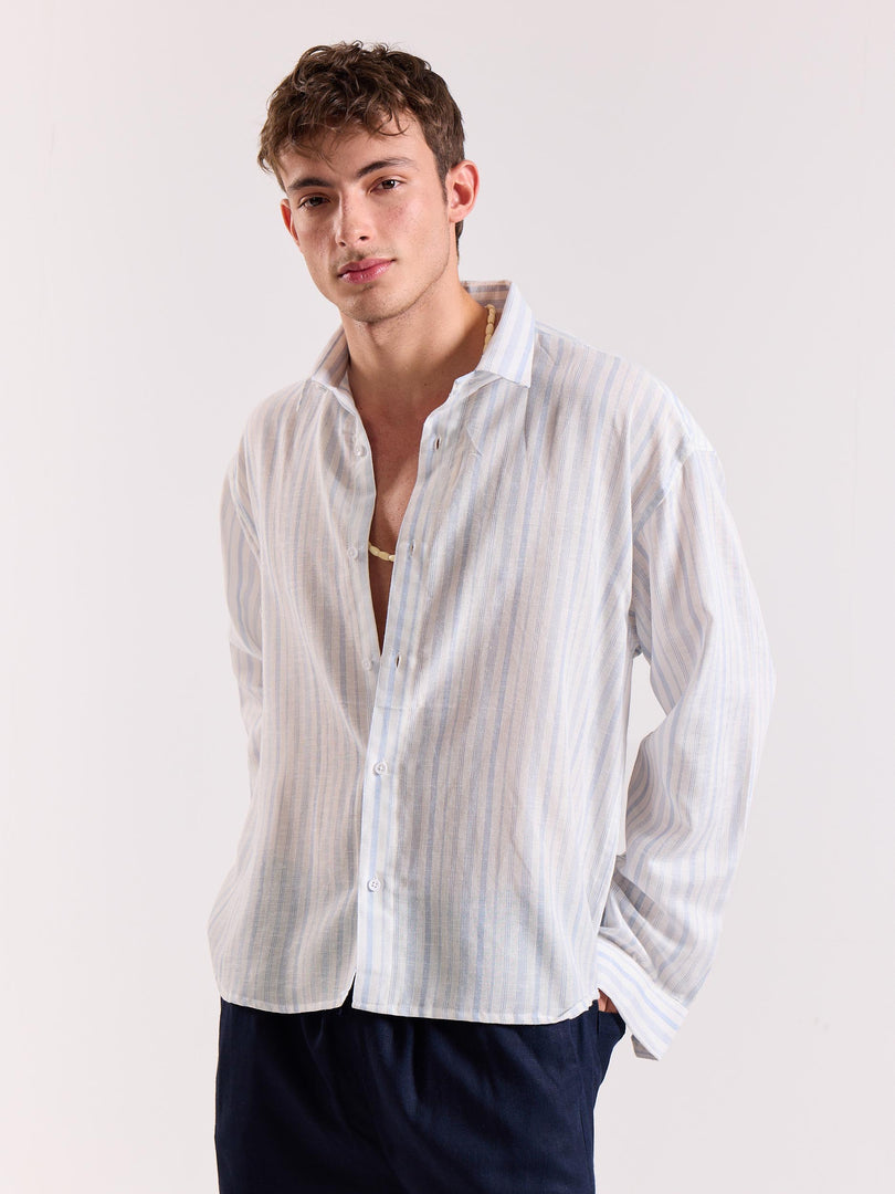 White & Blue Striped Linen Cropped Shirt