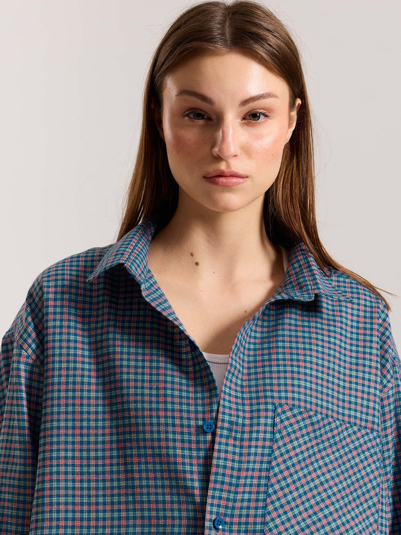 Teal Blue & Red Checkered Oversized Cropped Shirt