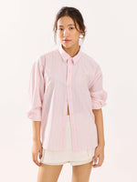 Load image into Gallery viewer, Pink &amp; White Striped Poplin Cropped Shirt
