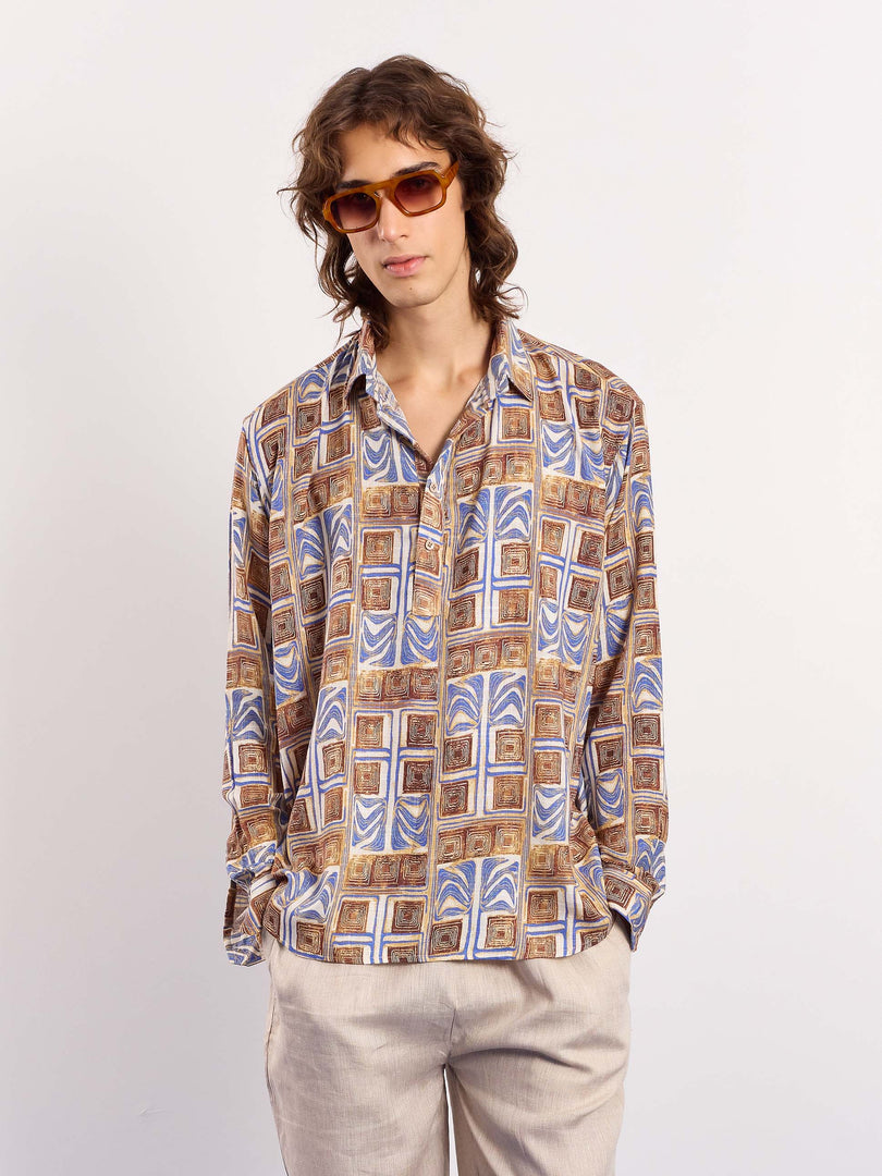 Brown & Blue Geometrical Linen Pullover