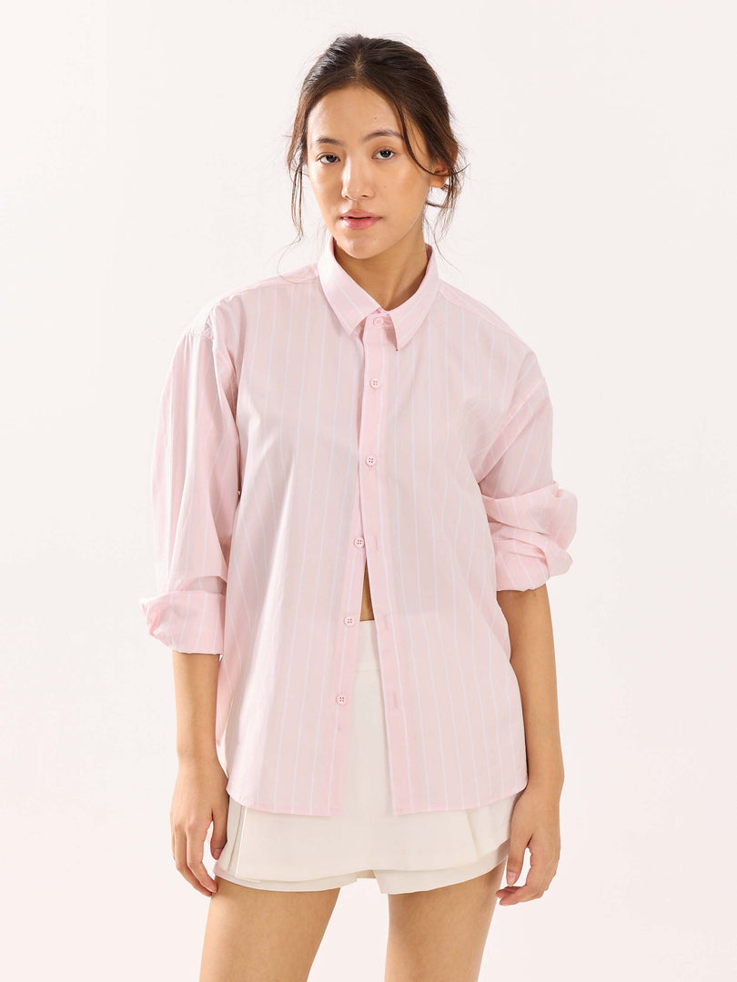 Pink & White Striped Poplin Cropped Shirt