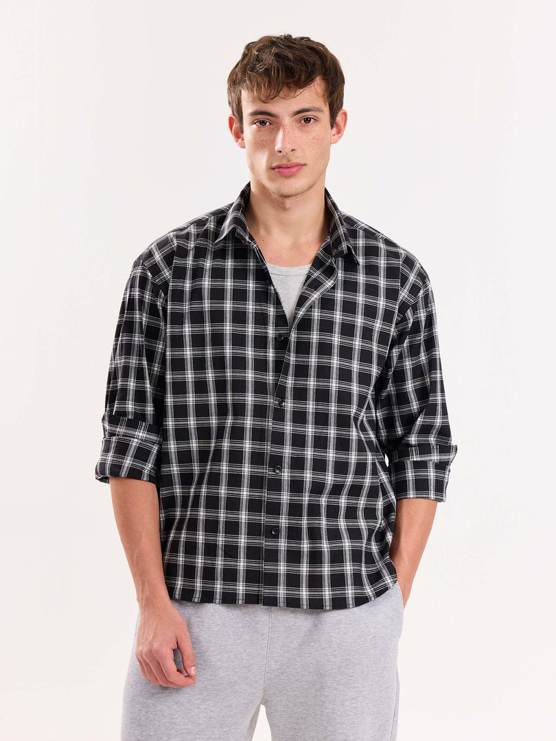 Black Checkered Poplin Cropped Shirt
