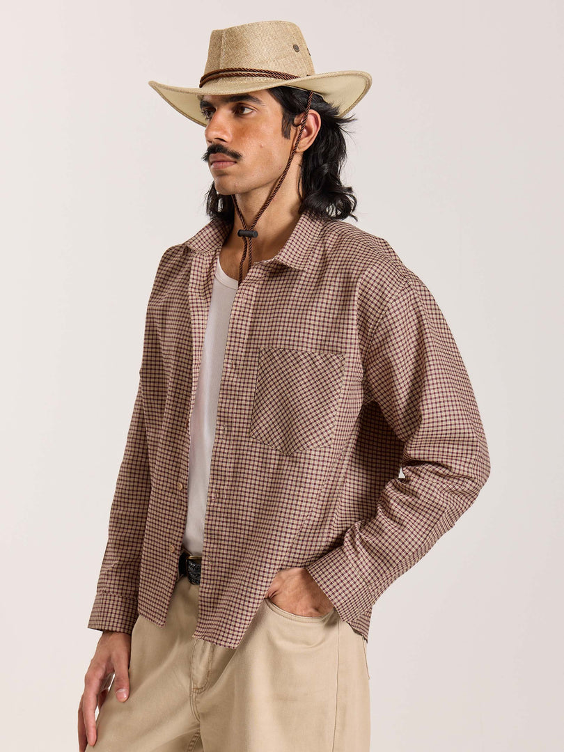 Beige & Maroon Checkered Oversized Cropped Shirt