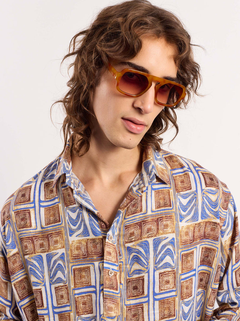 Brown & Blue Geometrical Linen Pullover