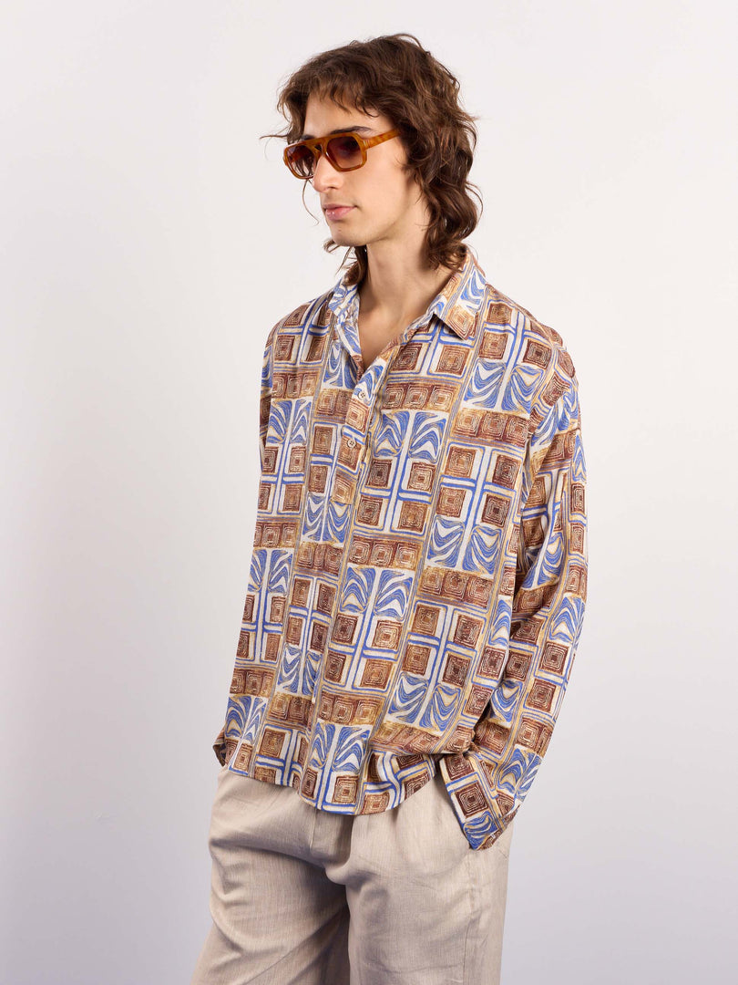 Brown & Blue Geometrical Linen Pullover