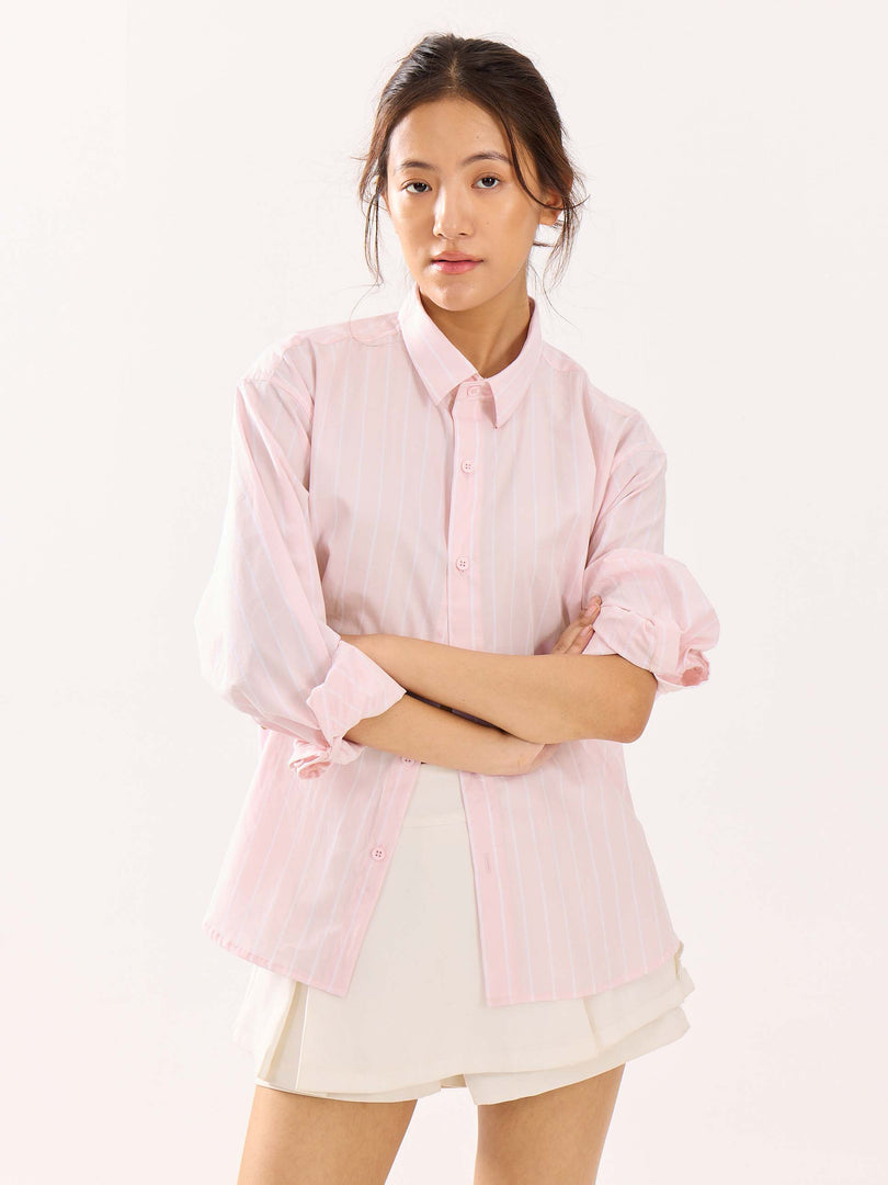 Pink & White Striped Poplin Cropped Shirt