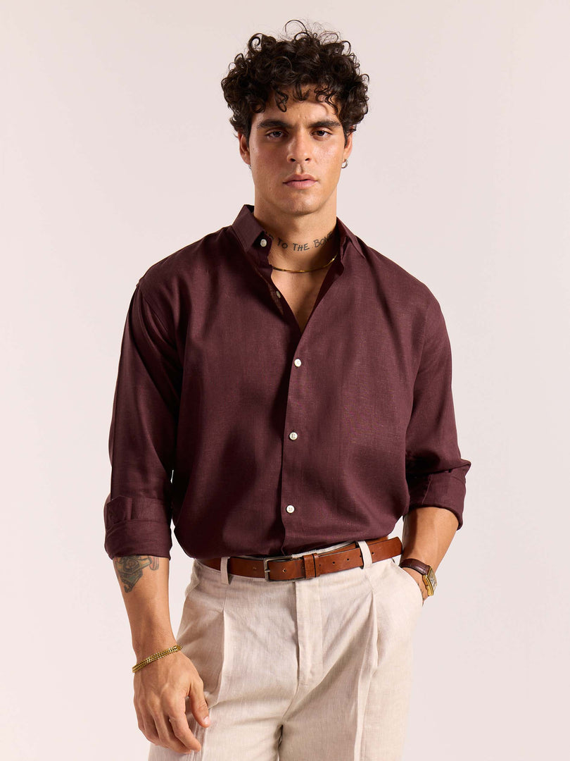 Wine Linen-blend Shirt