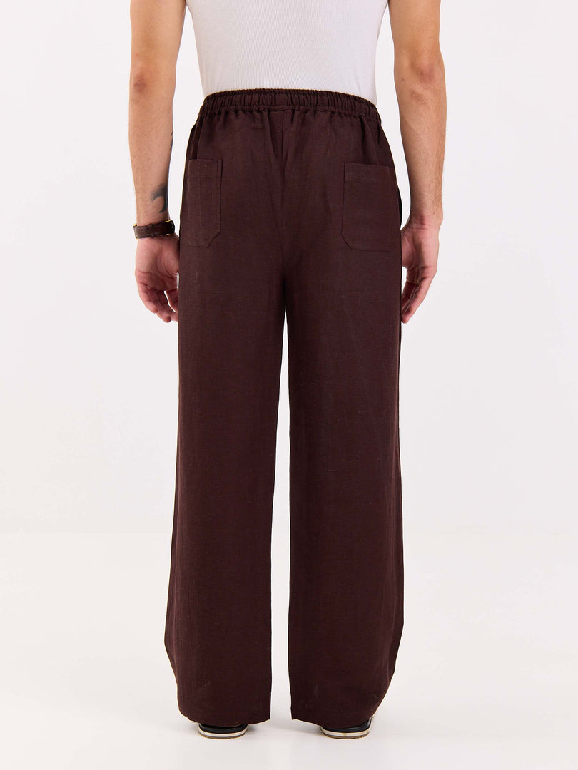 Coffee Brown Linen Pull-on Pants
