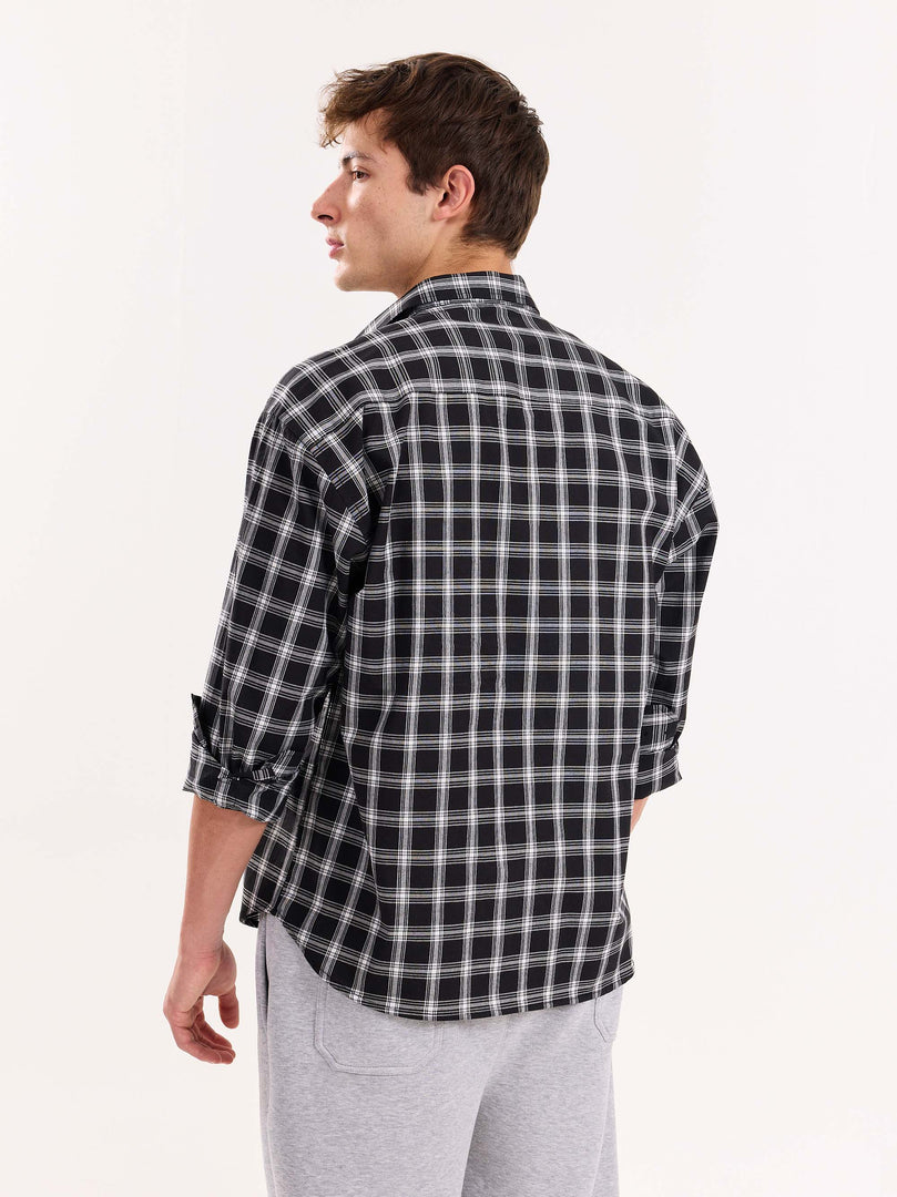 Black Checkered Poplin Cropped Shirt