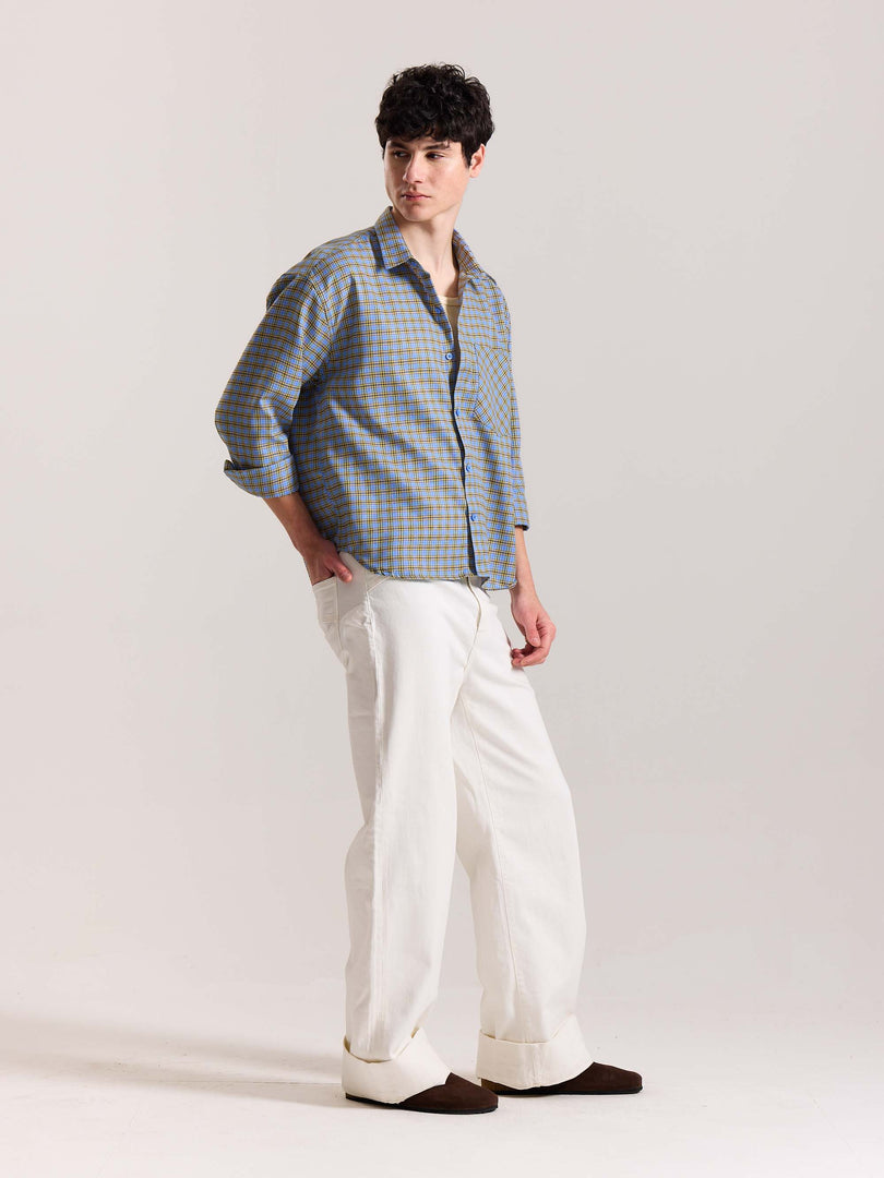 Light Blue Checkered Oversized Cropped Shirt