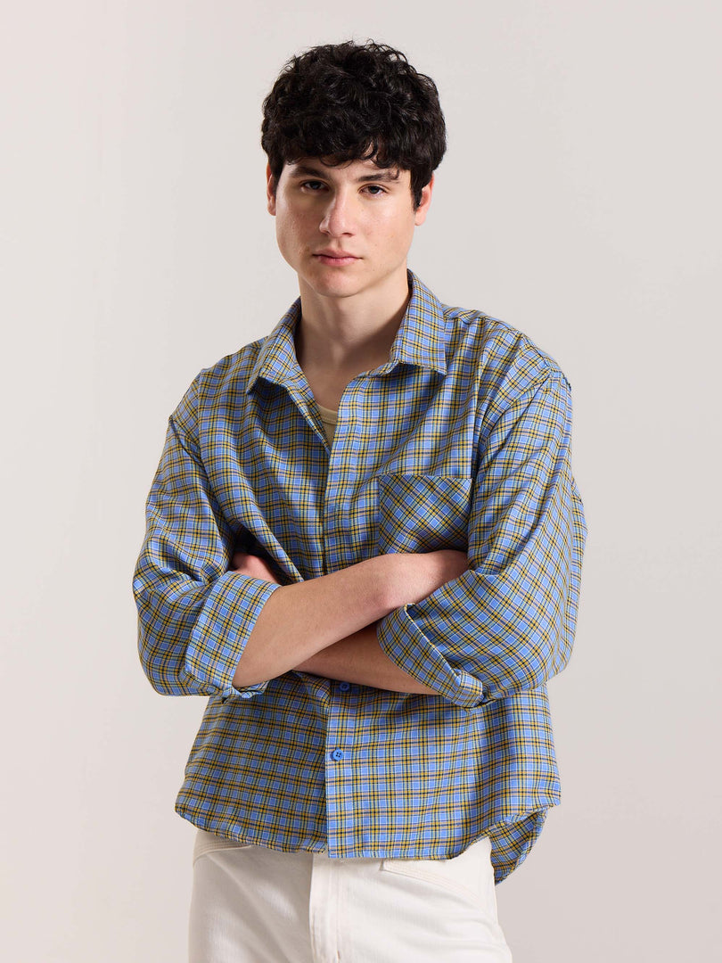 Light Blue Checkered Oversized Cropped Shirt