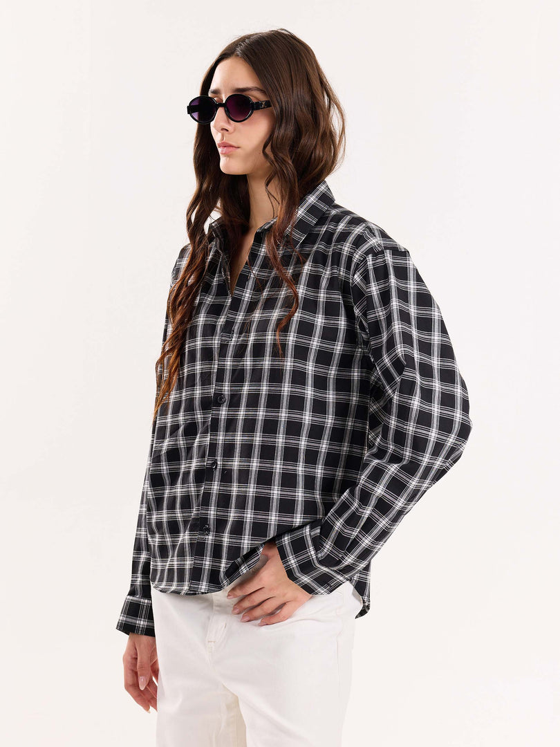 Black Checkered Poplin Cropped Shirt