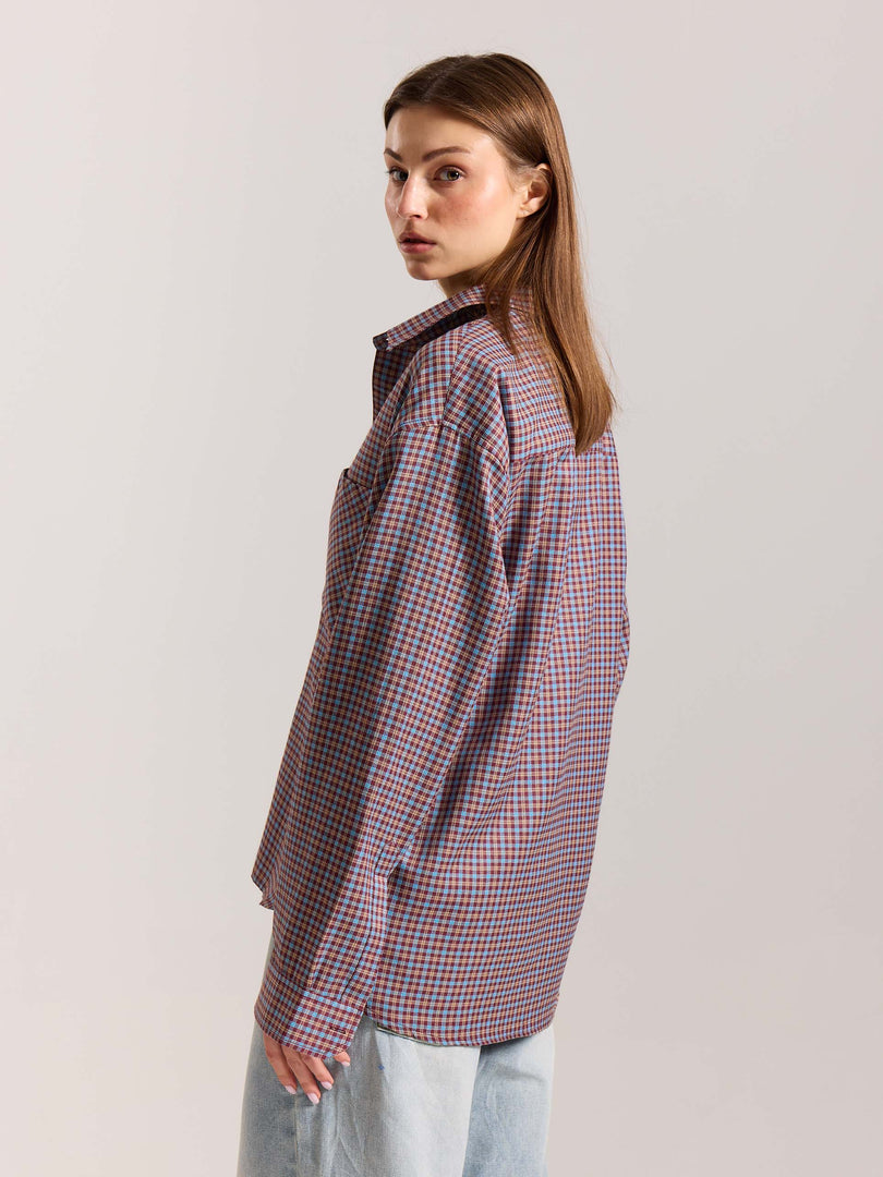 Burgundy & Blue Checkered Oversized Cropped Shirt