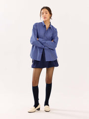 Dark Blue Striped Poplin Cropped Shirt