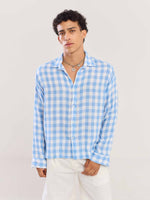 Load image into Gallery viewer, Light Blue Checked Gauze Holiday Shirt ( Pre-Order )

