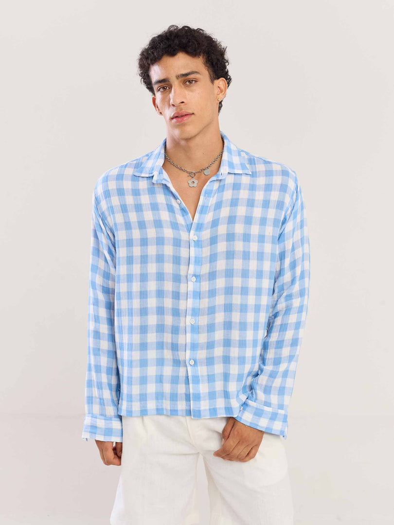 Light Blue Checked Gauze Holiday Shirt ( Pre-Order )