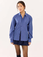 Load image into Gallery viewer, Dark Blue Striped Poplin Cropped Shirt
