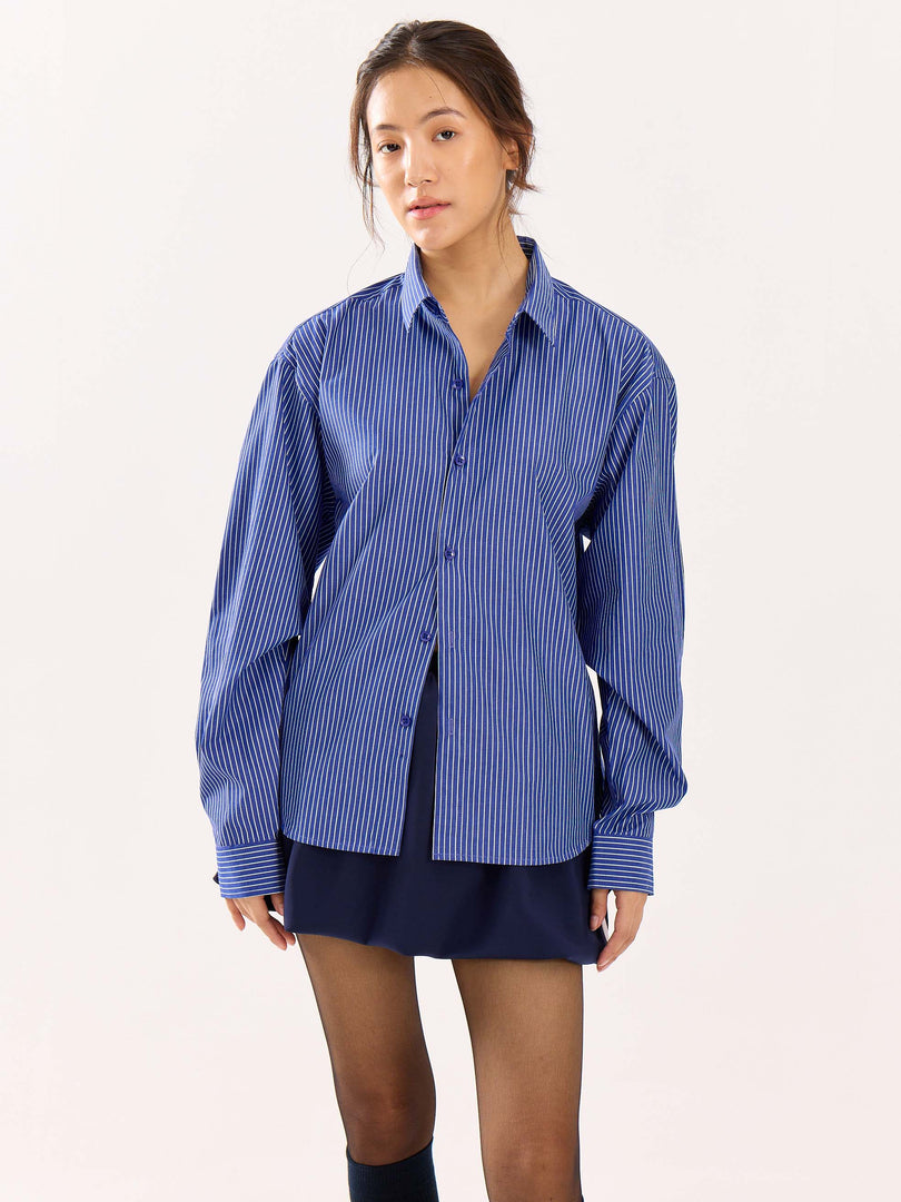 Dark Blue Striped Poplin Cropped Shirt