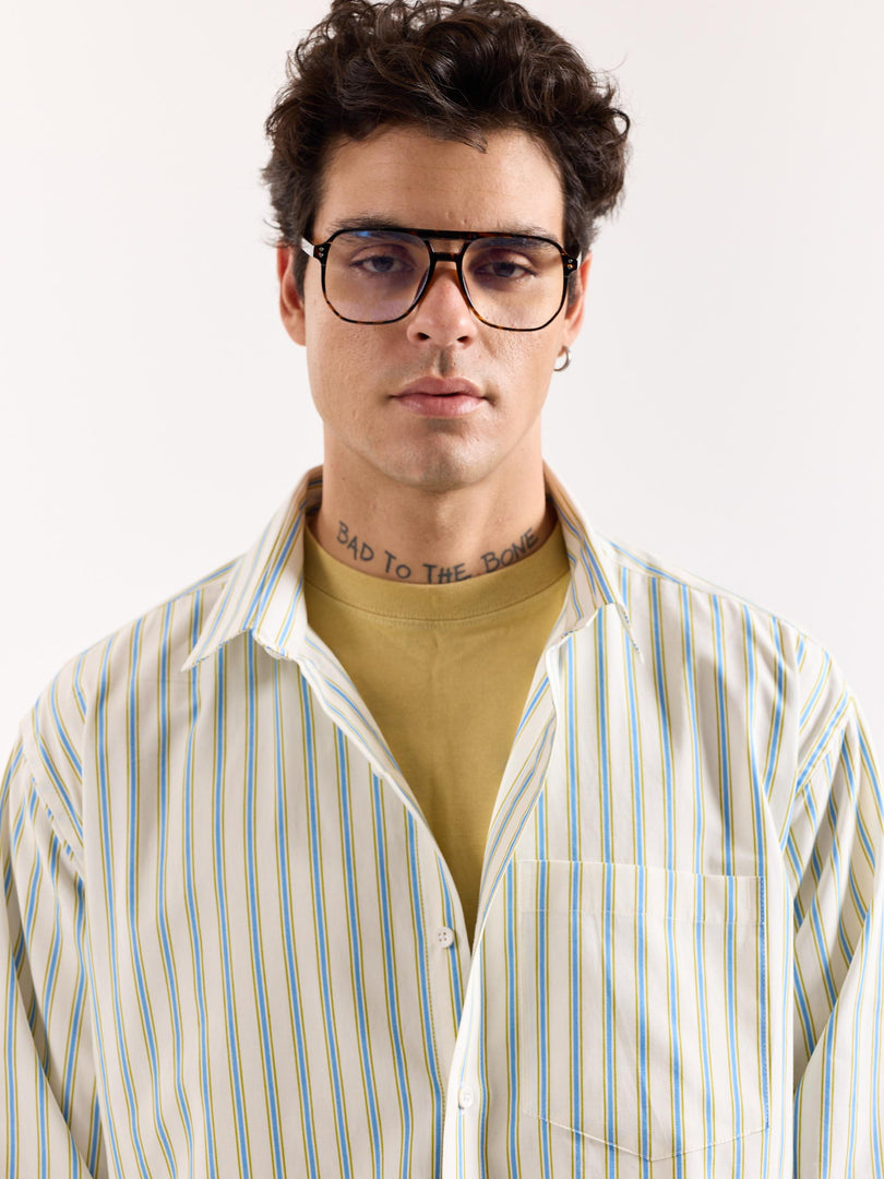 Cream & Blue Striped Poplin Oversized Shirt