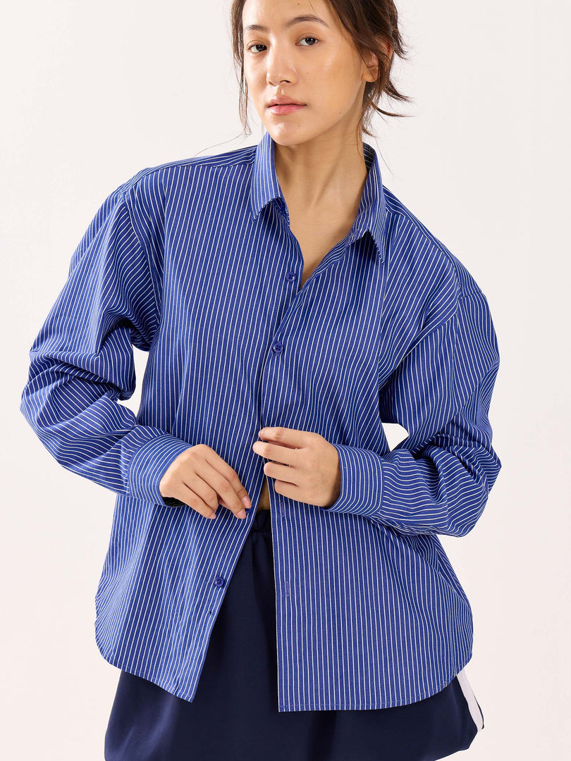 Dark Blue Striped Poplin Cropped Shirt