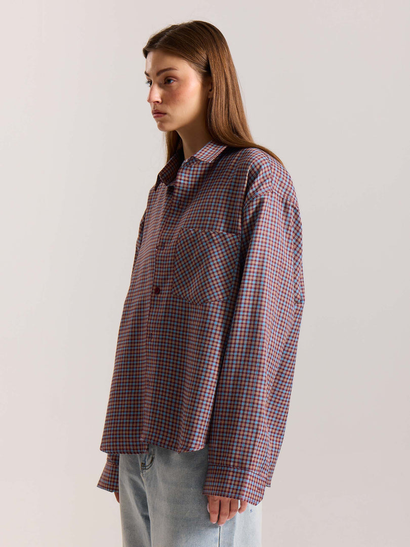 Burgundy & Blue Checkered Oversized Cropped Shirt