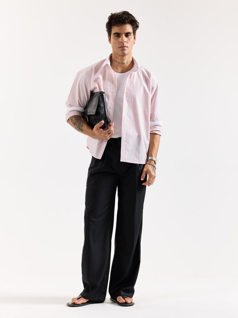 Light Pink Striped Contrast Collar Oversized Shirt