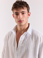 Load image into Gallery viewer, White &amp; Blue Striped Linen Cropped Shirt