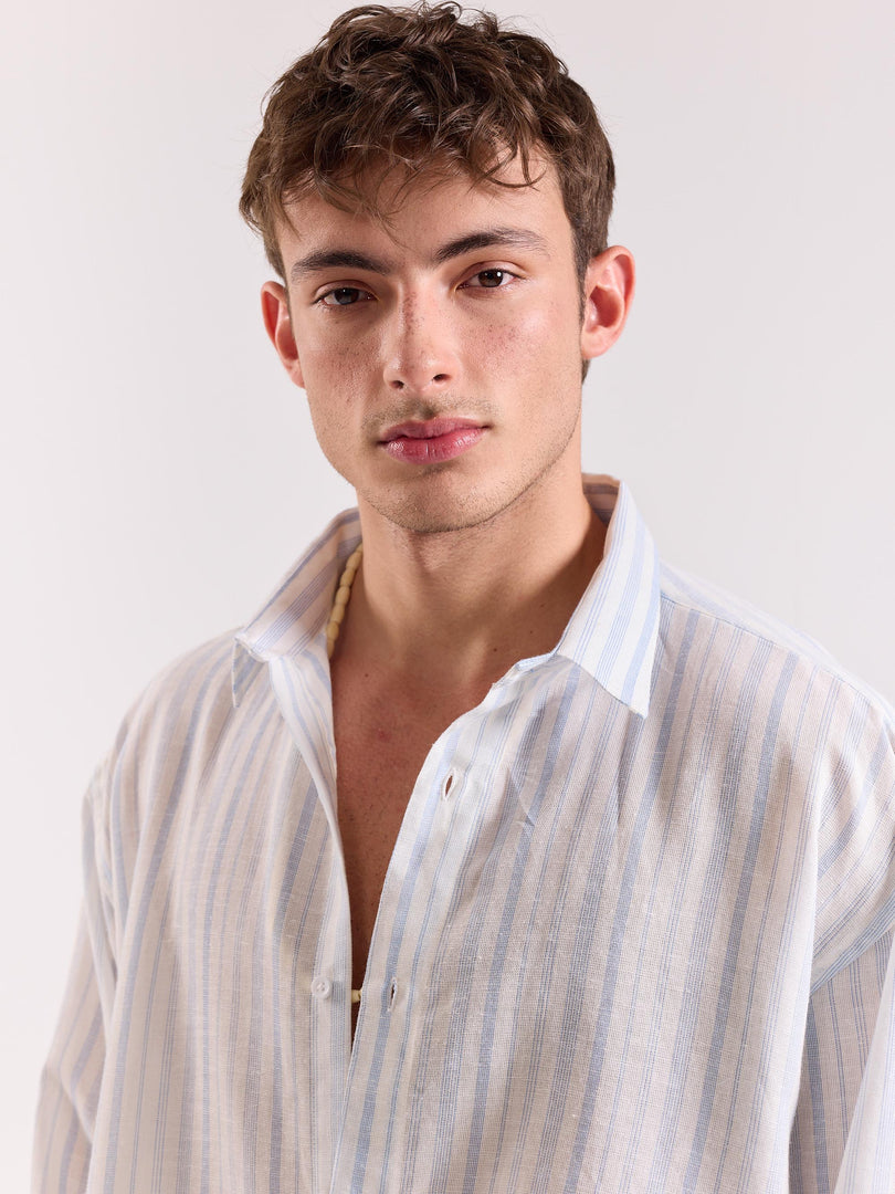 White & Blue Striped Linen Cropped Shirt
